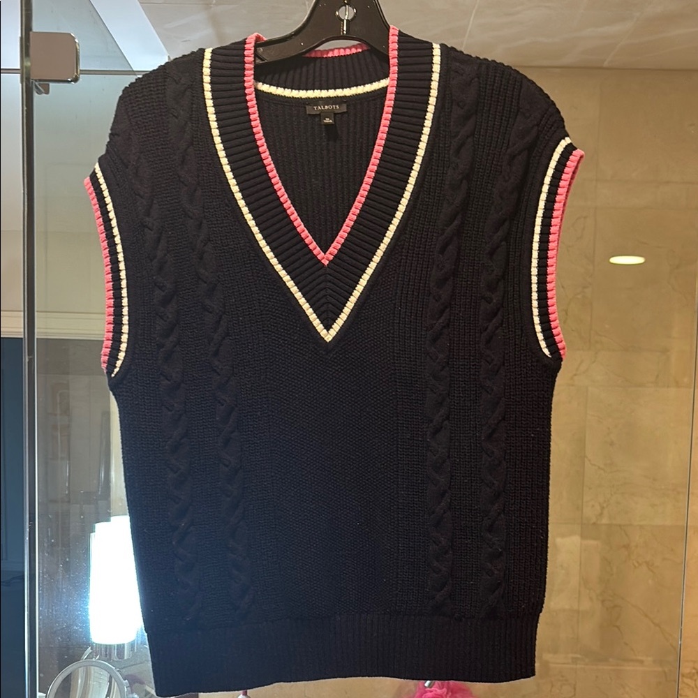 Talbots Navy V-Neck Cable Sweater with Pink and Cream Trim - Picture 5 of 5